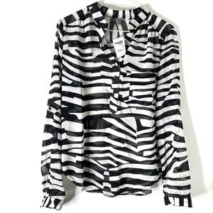 Charlotte Russe Sheer Zebra Stripe Blouse Black White Convertible Sleeve NWT